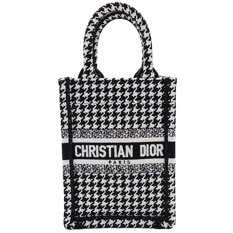 【ほぼ全品10％OFF!15日20時から5時間限定】クリスチャンディオール Christian Dior バッグ レディース ブランド ハンドバッグ ショルダーバッグ 2way ジャガード ブックトート ミニ フォンバッグ ブラック ホワイト 千鳥格子 黒 白 エンブロイダリー ミニバッグ 【中古】