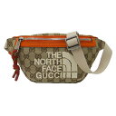 【全品5％OFF！27日9:59迄】グッチ GUCCI バッグ レディース メンズ ブランド ボディバッグ ウエストバッグ GGキャンバス ノースフェイス オレンジ ブラウン 650299 ロゴ おしゃれ カジュアル コラボ おでかけ 小さめ コンパクト 【中古】