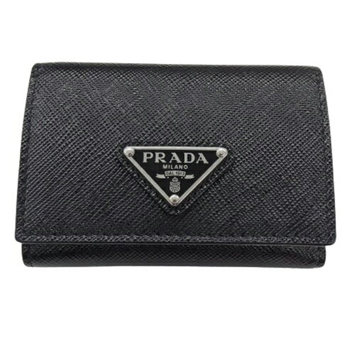 【全品5％OFF中!16日1時59分まで】プラダ PRADA 財布 レディース メンズ ブランド 三つ折り財布 サフィアーノ トライアングル ブラック シルバー金具 2MH042 コンパクト【中古】