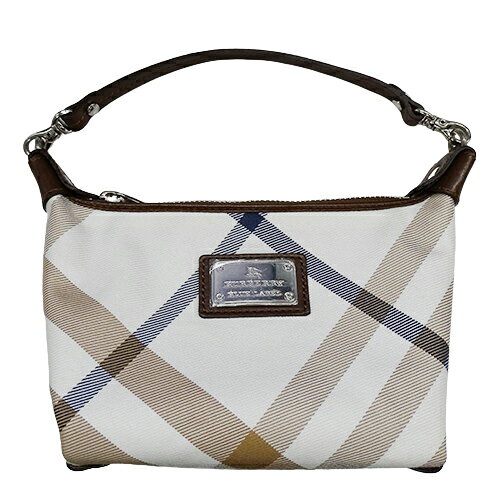 【全品5％OFF中!16日1時59分まで】バーバリーブルーレーベル BURBERRY BLUE LABEL バッグ レディース ブランド ハンドバッグ ポーチ チェック ナイロン コットン レザー ホワイト ブラウン 小さめ【中古】