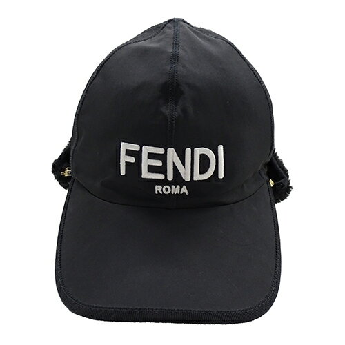 【ほぼ全品10％OFF!15日20時から5時間限定】フェンディ FENDI キャップ レディース メンズ ブランド 帽子 フライトキャップ ナイロン ブラック FXQ679 Sサイズ ボア 取外し可能 ロゴ【中古】