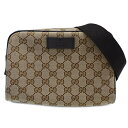 【全品5％OFF！5/3～5/7】グッチ GUCCI バッグ レディース メンズ ブランド ボディバッグ ウエストバッグ GGキャンバス レザー ベージュ ダークブラウン 449174 コンパクト 【中古】