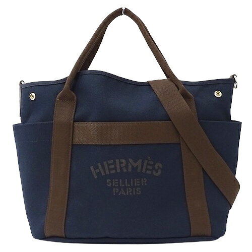 【全品5％OFF中!16日1時59分まで】エルメス HERMES バッグ レディース メンズ ブランド トートバッグ ショルダーバッグ 2way サックドパンサージュ グルーム キャンバス ネイビー シルバー金具 大容量 旅行用 おしゃれ 斜め掛け A刻印 【中古】