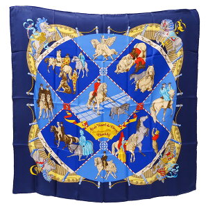 エルメス HERMES スカーフ カレ90 Musee Vivant du Cheval Chantilly シャンティイ城馬の博物館 レディース ブランド シルク ブルー 大判 おしゃれ 馬 上品 【中古】