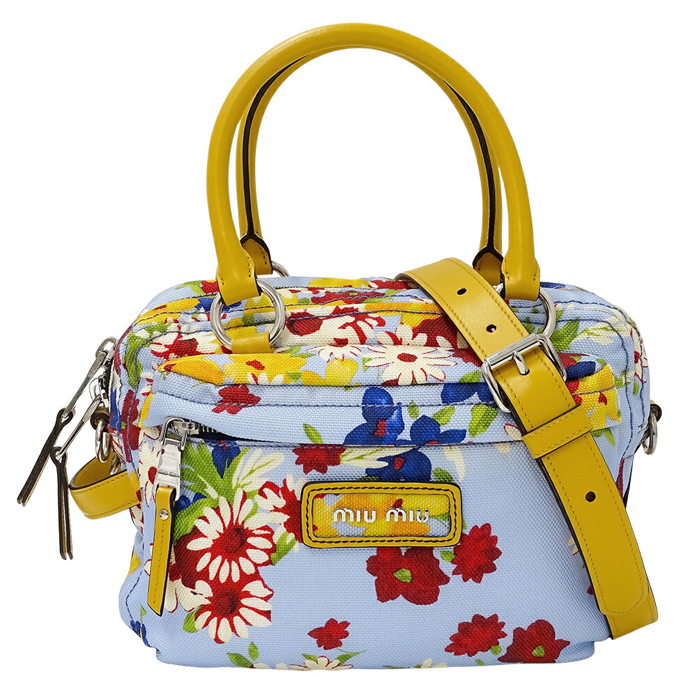 楽天ブランドベイ【全品ポイント5倍！27日1時59分まで！】ミュウミュウ MIUMIU バッグ レディース ブランド ハンドバッグ ショルダーバッグ 2way キャンバス ライトブルー イエロー レッド 5BB070 フラワー 花柄 水色 おしゃれ かわいい 【中古】