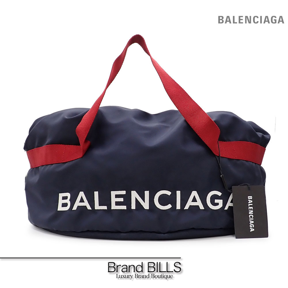 未使用品 BALENCIAGA バレンシアガ ホイールバッグ ボストンバッグ 489939 ナイロン ネイビー レッド ホワイトロゴ ユニセックス 送料無料 【中古】