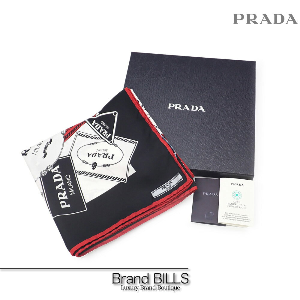 未使用品 PRADA プラダ ツイル スクエア スカーフ 1FF001 ブラック ホワイト シルク ロゴ柄 大判 送料無料 【中古】