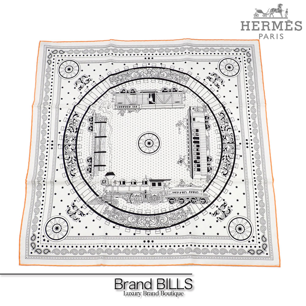 未使用品 HERMES エルメス バンダナ55 カレ55 スカーフ H044047S ALL ABOAD オール・アボード！ ブラン ノワール オレンジ シルク 送料無料 【中古】