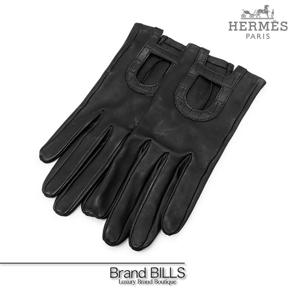 未使用品 HERMES エルメス 手袋 グローブ ラムスキン アリゲーター ブラック 6.5 送料無料 【中古】