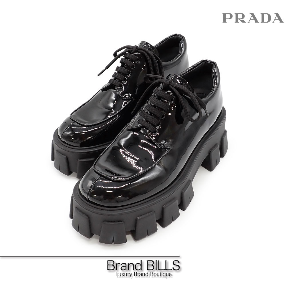 楽天ブランドビルズ　Brand BILLS美品 PRADA プラダ モノリス シューズ ローファー 1E708L レースアップ パテントレザー エナメル ブラック 36 1/2 23.5cm 厚底 ホットスタンプ 送料無料 【中古】