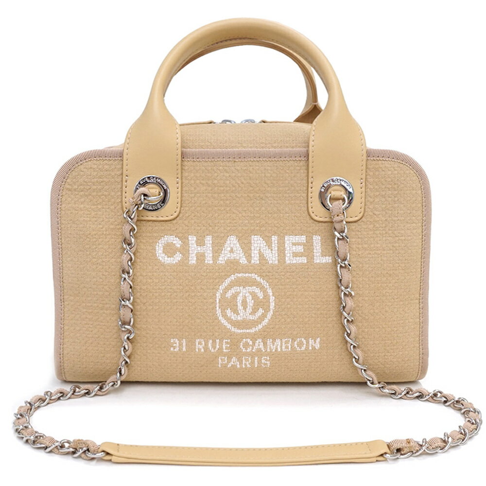 【新品 未使用品】シャネル CHANEL ドーヴィル 2way チェーン ボウリングバッグ ハンドバッグ トートバッグ キャンバス レザー ベージュ A92750 箱付