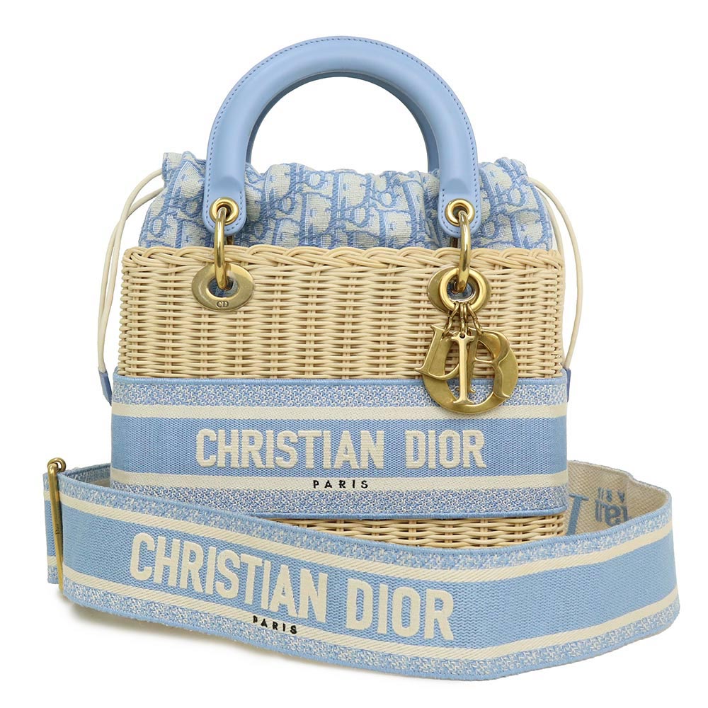 ディオール バッグ（レディース） 【新品・未使用品】クリスチャンディオール Christian Dior レディ ディオール ミディアム バッグ 2WAY ハンドバッグ かごバッグ 斜め掛け ショルダーバッグ ウィッカー レザー オブリーク ジャカード ライトブルー 青 M0565CMVO_M917 箱付