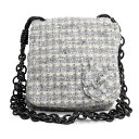 【美品】シャネル CHANEL カメリア レザー チェーン ショルダーバッグ 斜め掛け ツイード グレー A30216