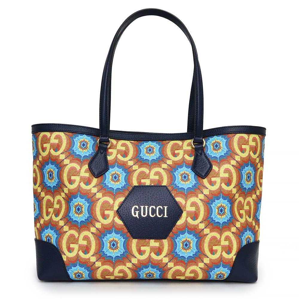 グッチ 帆布・キャンバス トートバッグ レディース 【新品・未使用品】グッチ GUCCI 100周年 限定 トートバッグ GGカレイドスコーププリントスプリームキャンバス レザー イエロー ネイビー オレンジ 黄 676681