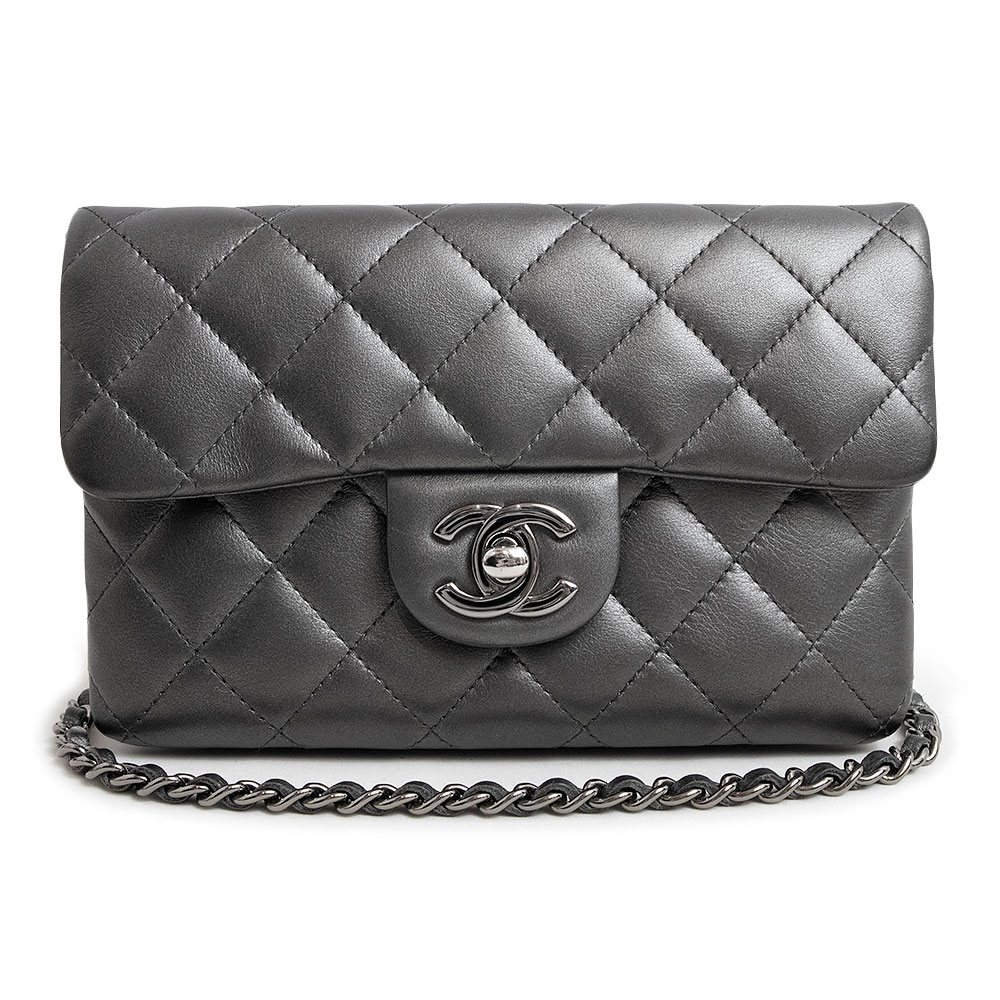 【美品】シャネル CHANEL マトラッセ チェーン ミニショルダーバッグ 斜め掛け ラムスキン レザー メタルグレー シルバー金具