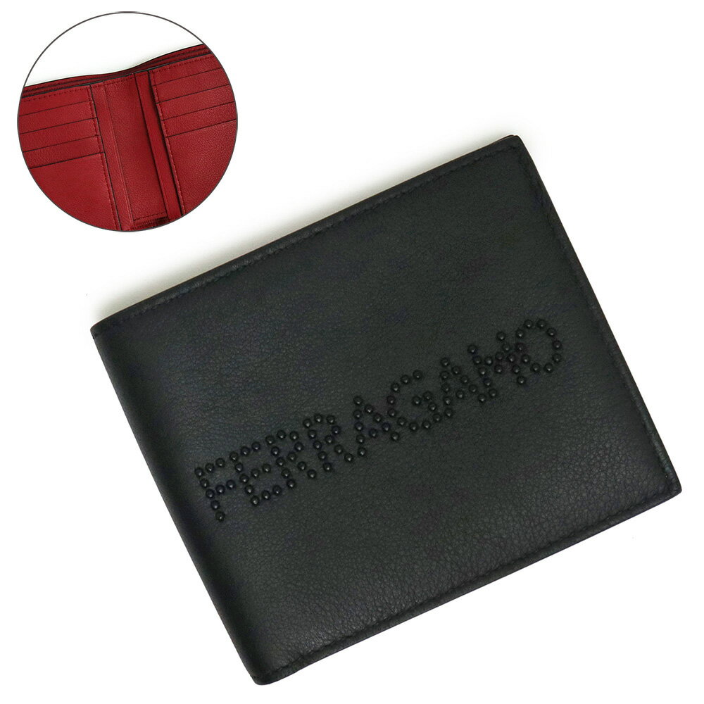 サルヴァトーレ フェラガモ 二つ折り財布（メンズ） 【新品・未使用品】サルヴァトーレフェラガモ Salvatore Ferragamo スタッズ ロゴ バイカラー 二つ折り財布 札入れ カーフスキン レザー ネロ レッド ブラック 黒 赤 66 A376 箱付