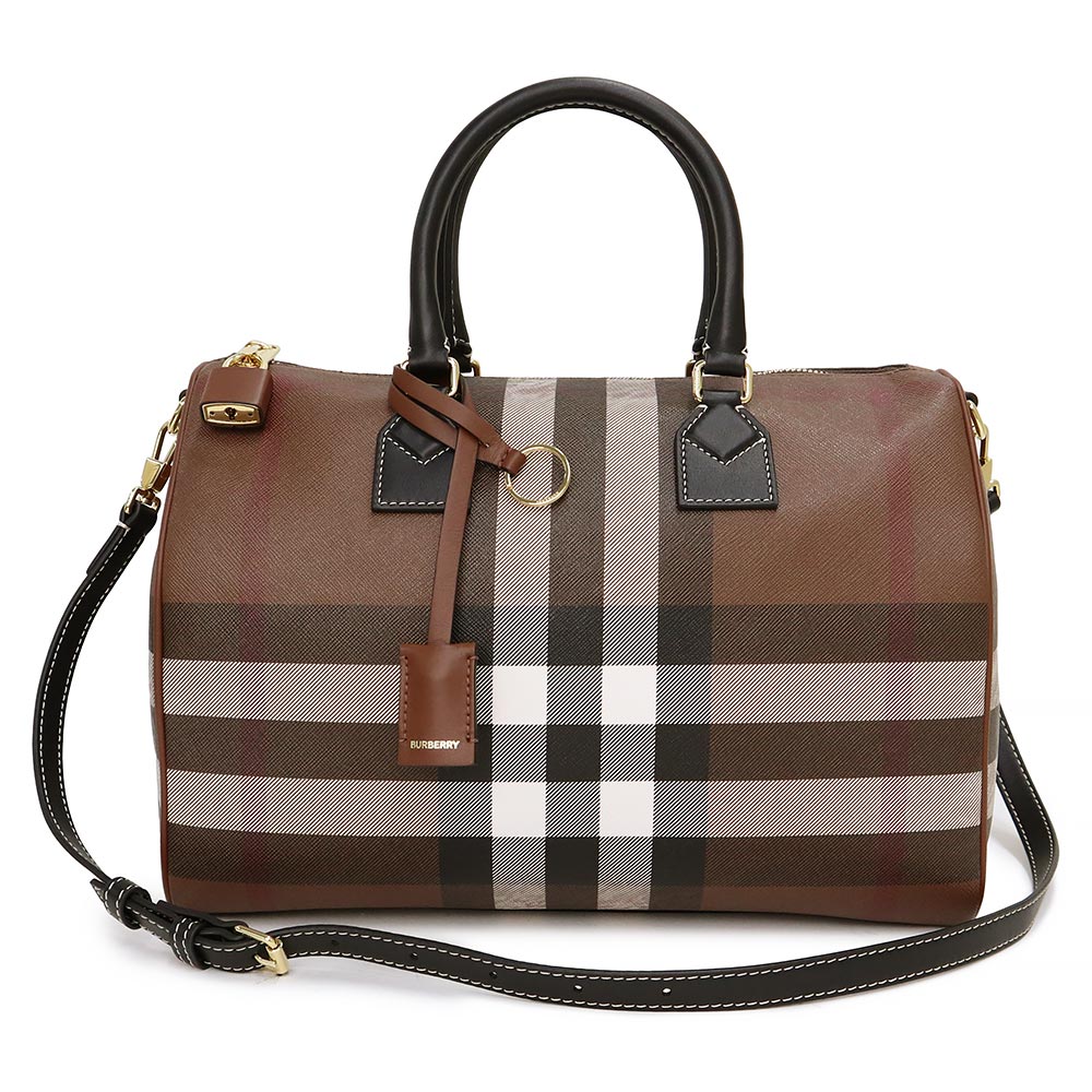 バーバリー ハンドバッグ 【新品・未使用品】バーバリー BURBERRY ミディアム ボウリング バッグ 2WAY 斜め掛け ショルダー ハンドバッグ PVC カーフスキン レザー ブラウン ブラック 茶 黒 ゴールド金具 8052348