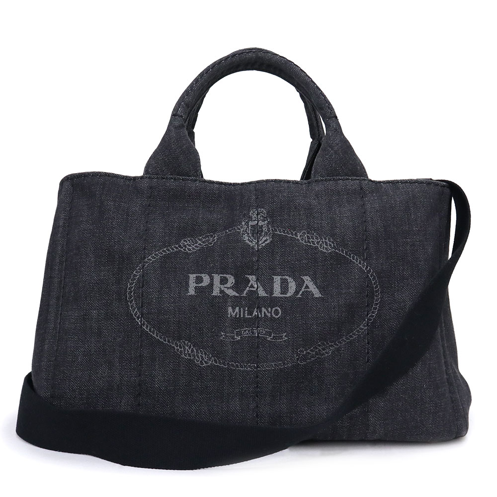 【中古】プラダ PRADA カナパ 2way ショルダー ハンドバッグ 斜め掛け デニム NERO ブラック 黒 ゴールド金具 B2642B