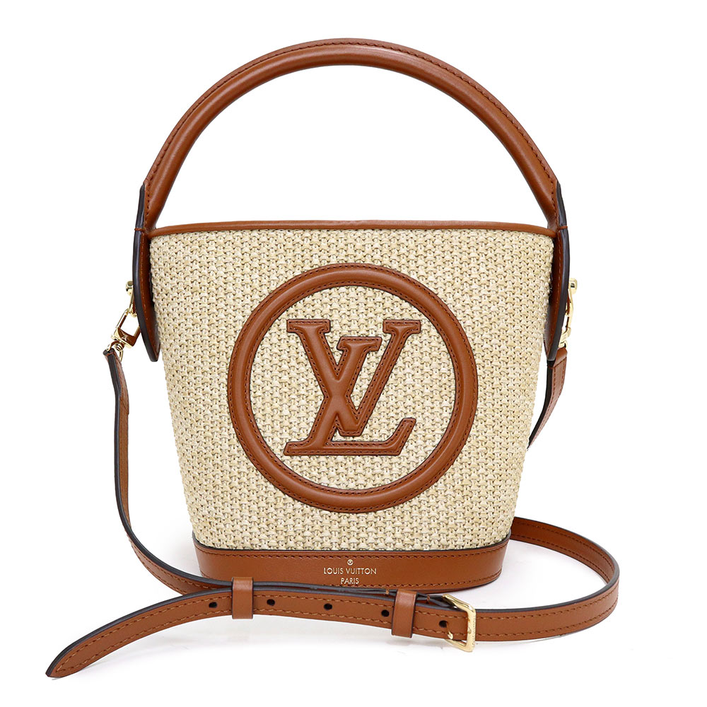 【新品・未使用品】ルイ ヴィトン LOUIS VUITTON プティ バケット かご 2way 斜め掛け ショルダー ハンドバッグ ラフィア カーフスキン レザー キャラメル ブラウン 茶 ゴールド金具 M59962