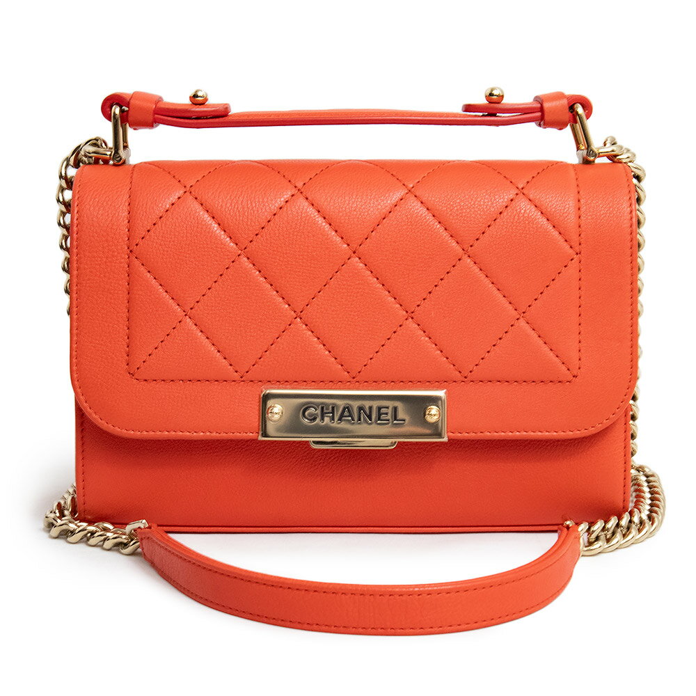 【未使用 展示品】シャネル CHANEL マトラッセ ラベルクリック シングルフラップ チェーンショルダー ハンドバッグ 2Way 斜め掛け カーフスキン レザー オレンジ ゴールド金具 A93701