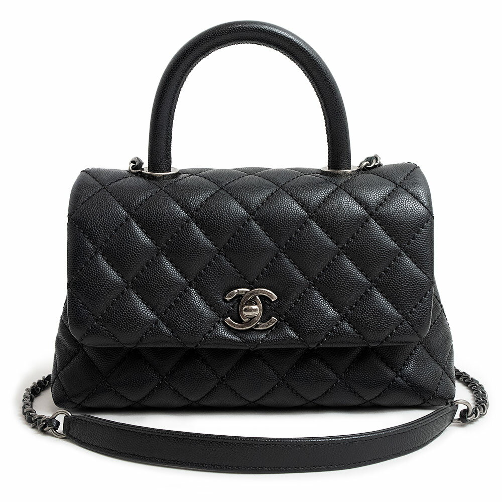 【美品】シャネル CHANEL マトラッセ ココマーク トップハンドル 2way チェーン ショルダー ハンドバッグ 斜め掛け キャビアスキン レザー ブラック 黒 アンティークシルバー金具 A92990