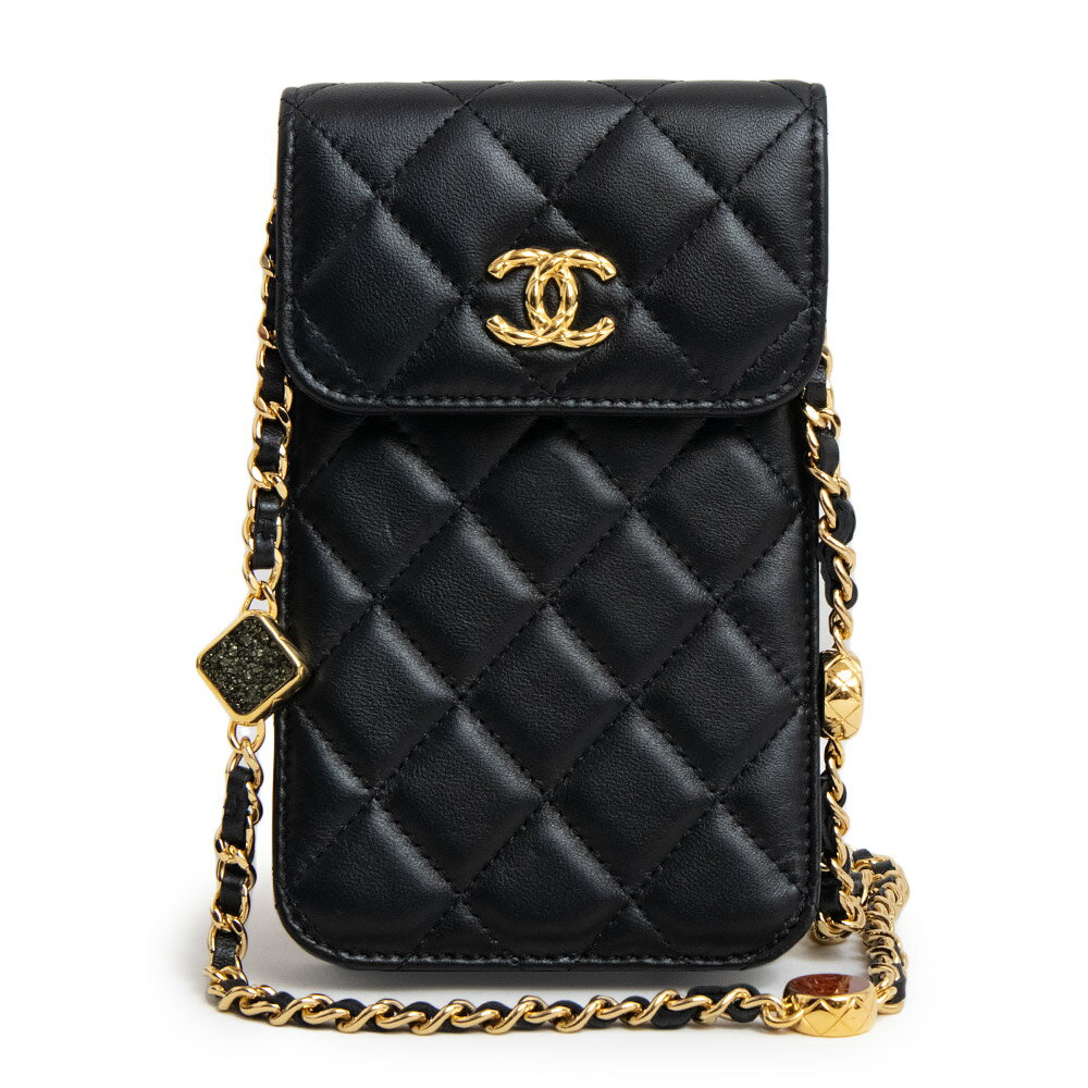 シャネル スマホショルダー 【未使用　展示品】シャネル CHANEL マトラッセ フォンホルダー CC ココマーク チェーンショルダー スマホ 携帯ケース ラムスキン レザー ブラック 黒 ゴールド金具 AP3415 箱付