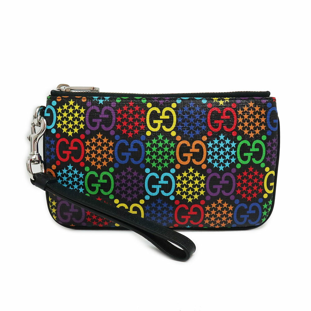 アクセサリーポーチ 【新品・未使用品】グッチ GUCCI GGサイケデリック ポーチ PVC レザー ストラップ付き マルチカラー ブラック 黒 シルバー金具 603734