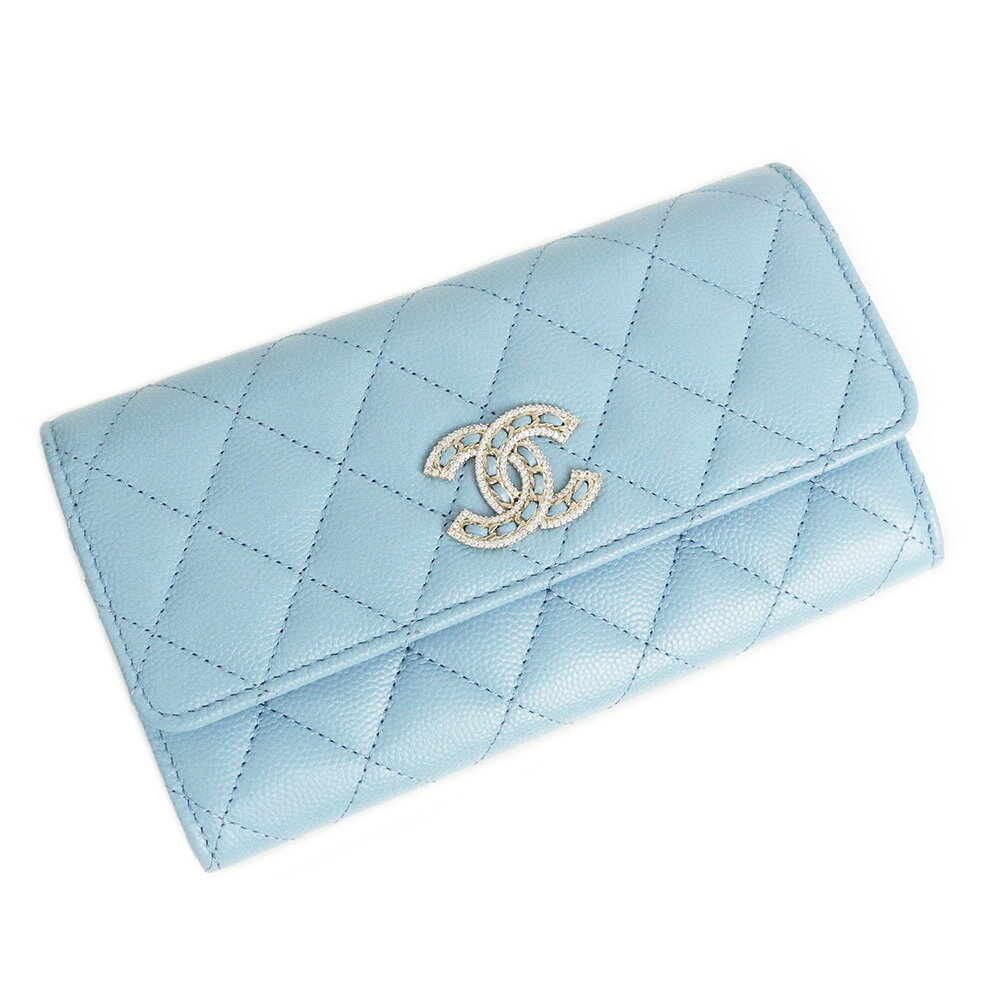 【新品・未使用品】シャネル CHANEL マトラッセ ミディアム ウォレット 二つ折り財布 CCマーク ラインストーン キャビアスキン レザー ライトブルー 青 ゴールド金具 AP2739 箱付