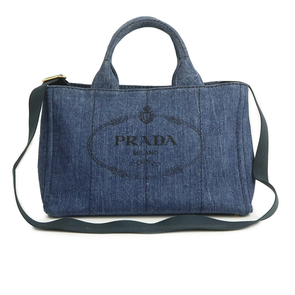 【未使用 展示品】プラダ PRADA カナパ 2way ショルダー ハンドバッグ 斜め掛け デニム キャンバス トライアングル 三角ロゴ ブルー 青 ゴールド金具 1BG642