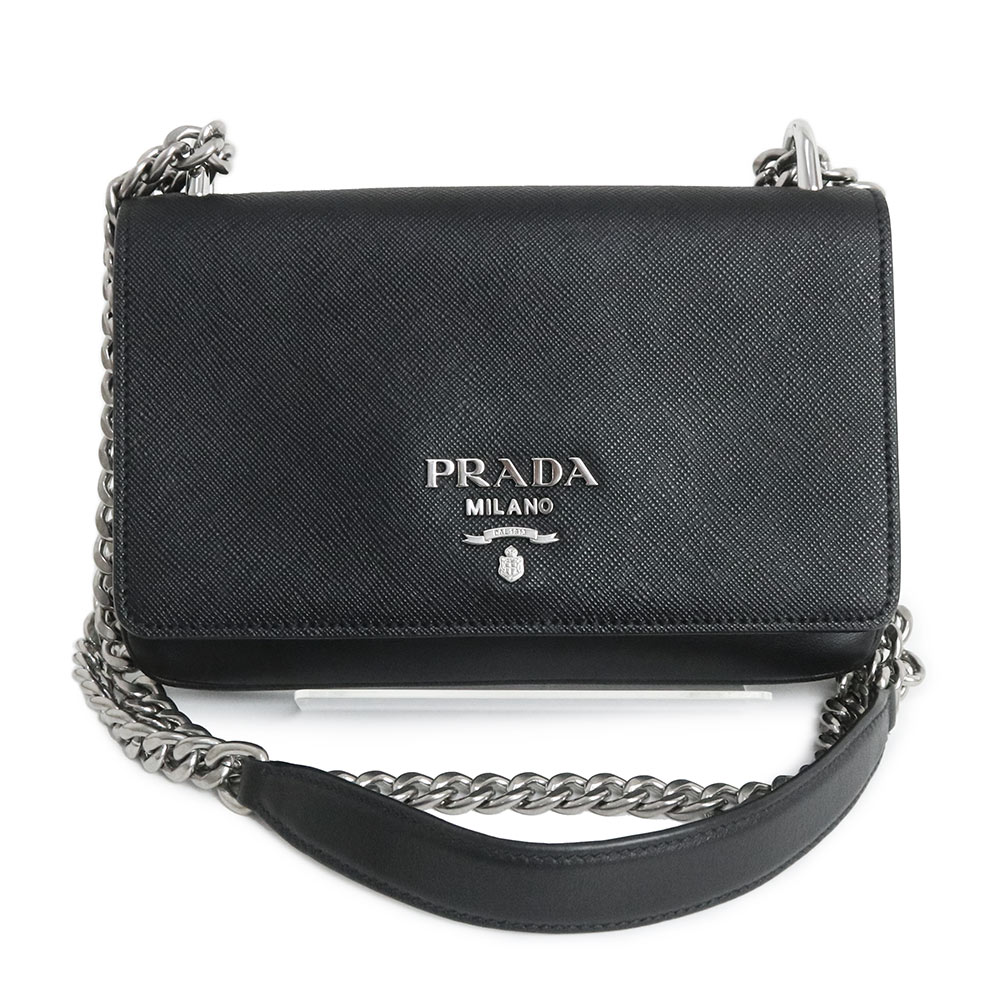 プラダ 夏ショルダーバッグ レディース 【美品】プラダ PRADA チェーン ショルダーバッグ 斜め掛け ソフトカーフ サフィアーノレザー ネロ ブラック 黒 シルバー金具 1BD144