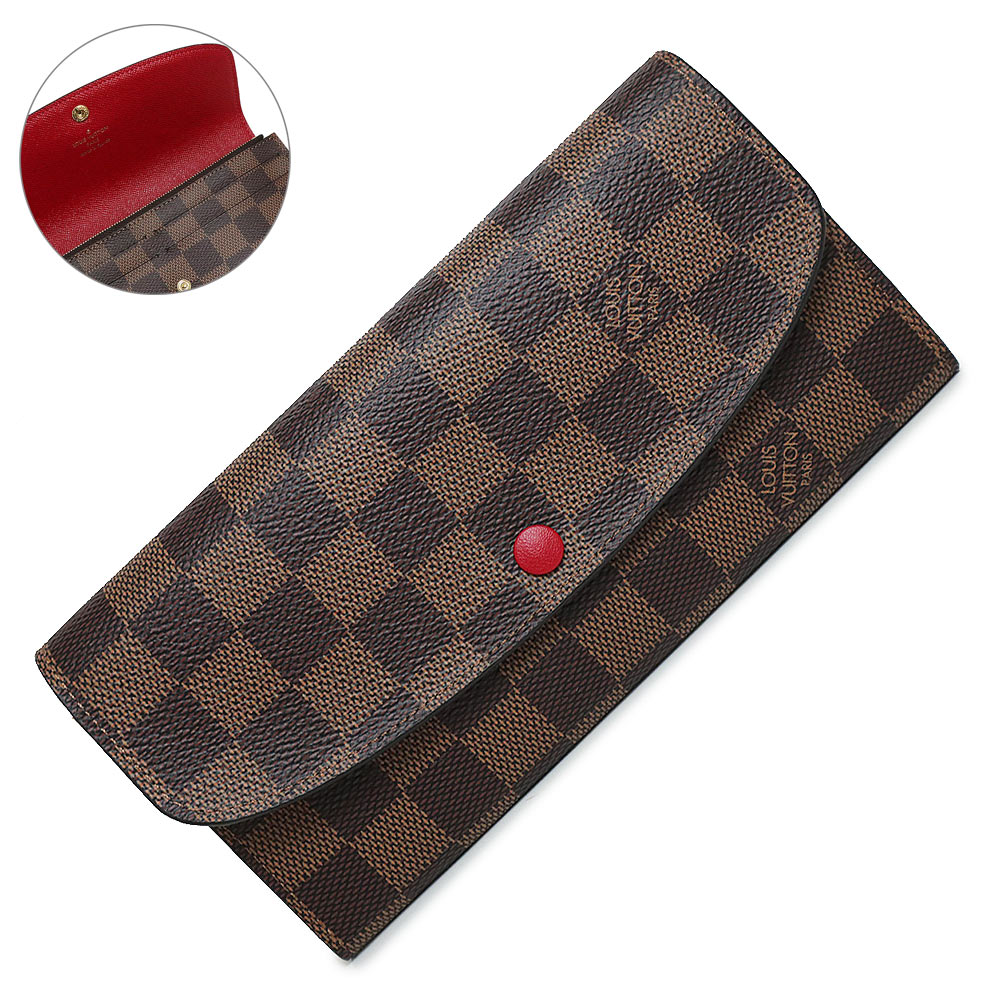 【新品同様品】ルイ ヴィトン LOUIS VUITTON ポルトフォイユ エミリー 二つ折り長財布 ダミエ ブラウン ルージュ レッド 茶 赤 ゴールド金具 N63544 イニシャル入り 箱付