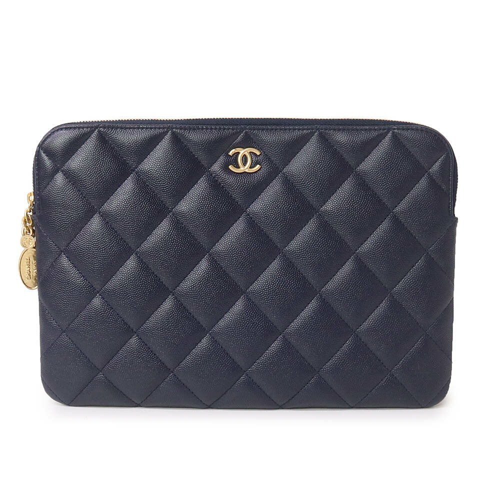 【新品・未使用品】シャネル CHANEL マトラッセ ココマーク フラットポーチ クラッチバッグ キャビアスキン レザー ネイビー 青 紺 ブ..