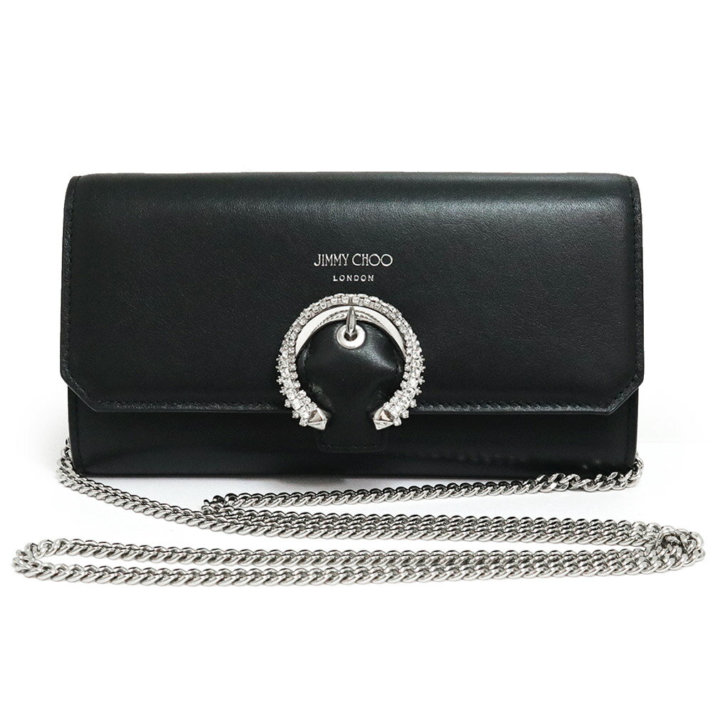 ジミーチュウ 財布（レディース） 【新品・未使用品】ジミーチュウ JIMMY CHOO Wallet W/chain クリスタルバックル 斜め掛け ショルダー チェーン ウォレット 長財布 カーフスキン レザー ブラック 黒 シルバー金具 WALLETWCHAIN 箱付