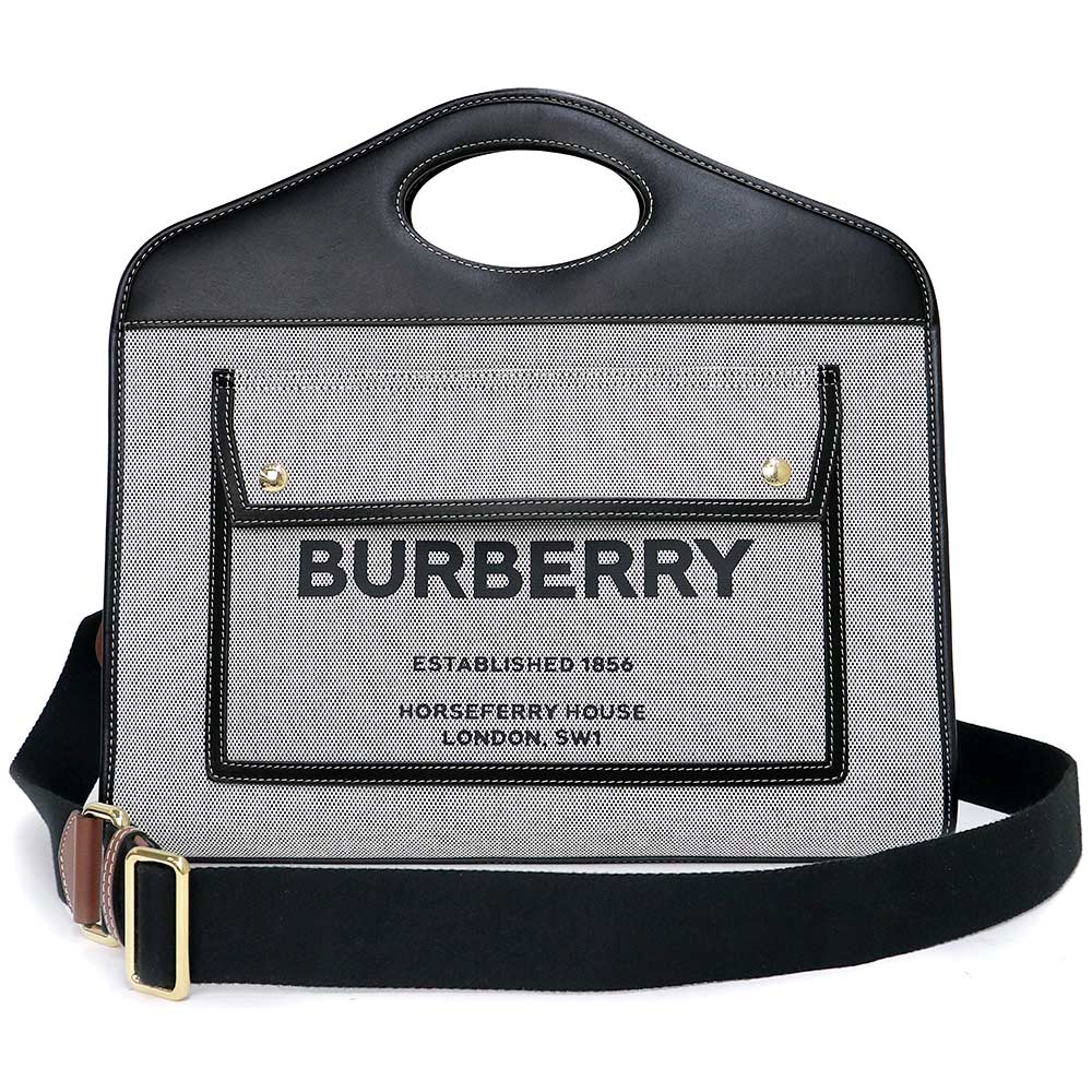 【未使用　展示品】バーバリー BURBERRY ツートン ミディアム ポケットバッグ 2way ショルダー ハンドバッグ 斜め掛け キャンバス カーフスキン レザー ブラック グレー 黒 ゴールド金具 8036785