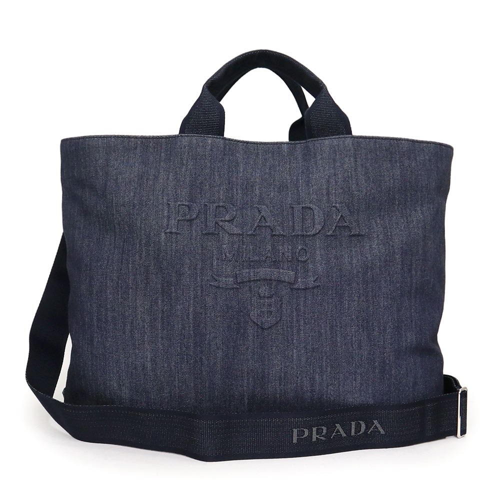 【新品 未使用品】プラダ PRADA 三角ロゴ 2WAY 斜め掛け ショルダー トート ハンドバッグ デニム ブルー 青 シルバー金具 2VG081