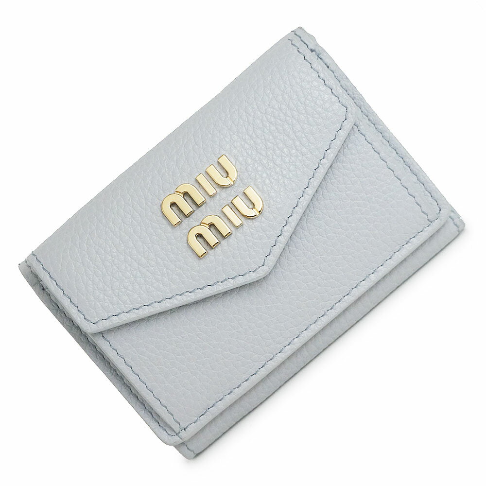 ミュウミュウ 財布（レディース） 【新品・未使用品】ミュウミュウ miu miu コンパクト 三つ折り財布 ヴィテッロダイノ カーフレザー フィオルダリーゾ グレー ライトブルー 青 ゴールド金具 5MH021 箱付