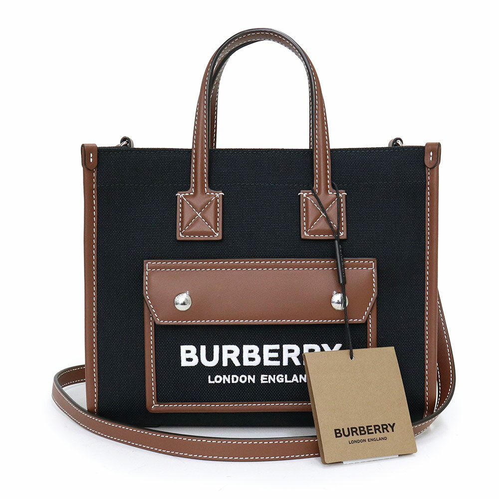 【新品・未使用品】バーバリー BURBERRY ツートン ミ二 フレヤ トート 2way ショルダー ハンドバッグ 斜め掛け コットンキャンバス カーフスキン レザー ブラック タン ブラウン 茶 黒 シルバー金具 8055749