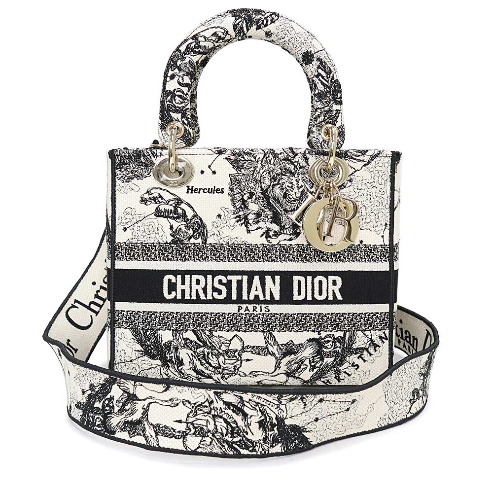 【未使用　展示品】クリスチャンディオール Christian Dior Lady D-Lite ミディアム ショルダー ハンドバッグ 刺繍 トワル ドゥ ジュイ ゾディアック エンブロイダリー ラテ ブラック 黒 ゴールド金具 M0565ORHZ