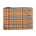 【新品・未使用品】バーバリー BURBERRY ヴィンテージ レインボー チェック ラージ ジップポーチ クラッチバッグ コットン ベージュ ゴールド金具 40...