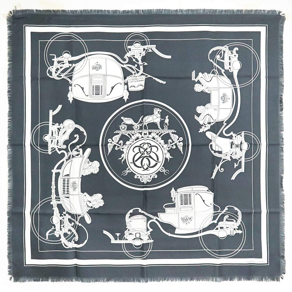 【新品・未使用品】エルメス HERMES カレ H 80 エクスリブリス Ex-Libris フリンジ付き スカーフ シルク100％ グリ ブラン グレー ホワイト 白 箱付のサムネイル