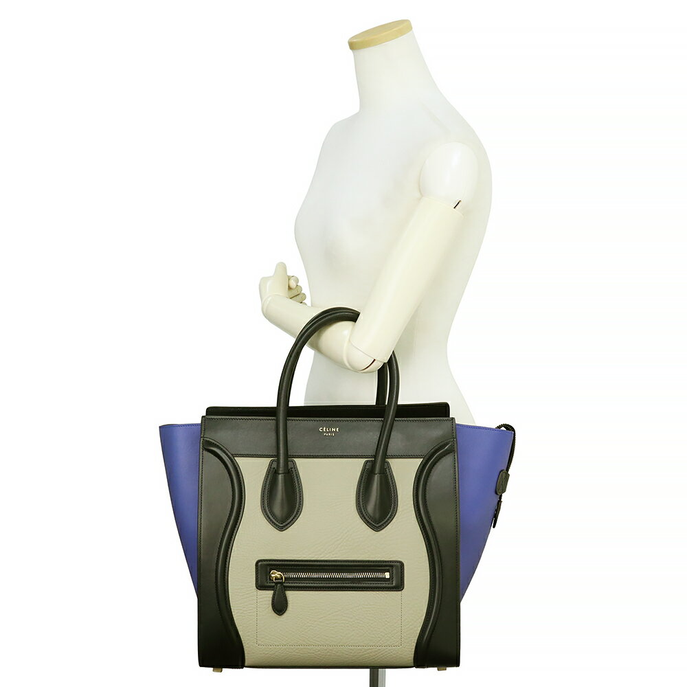 【未使用 展示品】セリーヌ CELINE ラゲージ ミニショッパー ハンドバッグ カーフスキン ラムスキン レザー ブルー ベージュ ブラック 青 黒 ゴールド金具 165213