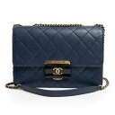 【中古】シャネル CHANEL ビューティー ロック フラップ ショルダーバッグ 斜め掛け カーフスキン レザー ネイビー 紺 アンティークゴールド金具 A93...
