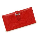 【未使用保管品】エルメス HERMES ベアン クラシック 二つ折り長財布 リザード エキゾチックレザー ルージュエキゾチック レッド 赤 シルバー金具 □H刻...