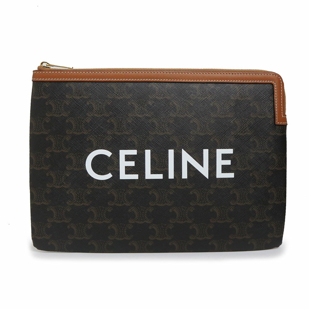 【未使用　展示品】セリーヌ CELINE トリオンフ スモール ポーチ クラッチバッグ コーティングキャンバス レザー タン ブラウン ゴールド金具 10D672BZQ