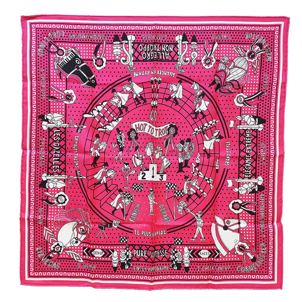 【新品・未使用品】HERMES エルメス カレ 55 HOT TO TROP 馬 競技 表彰台 シルク100％ ローズヴィフ ノワール ブラン ピンク バンダナ スカーフ 箱付