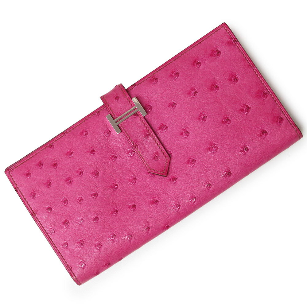 HERMES - 【中古】HERMES エルメス ベアン スフレ オーストリッチ エキゾチック フューシャ ピンク □J刻印 二つ折り長財布 レザー シルバー金具