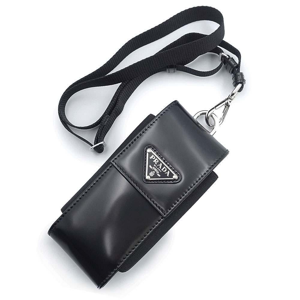 【未使用　展示品】PRADA プラダ 2ZT036 トライアングル 三角ロゴ プレート ブラッシュドレザー ネロ ブラック 携帯 スマホ スマートフォンケース マルチケース ネックストラップ付き シルバー金具 箱付
