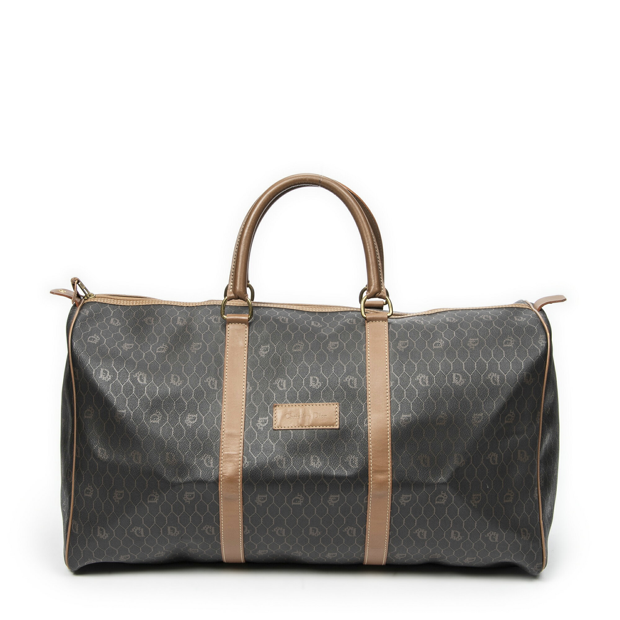 [中古] DIOR ディオールヴィンテージ ラージ トラベル ボストングレー/ブラウンハニカムPVCキャンバスAB