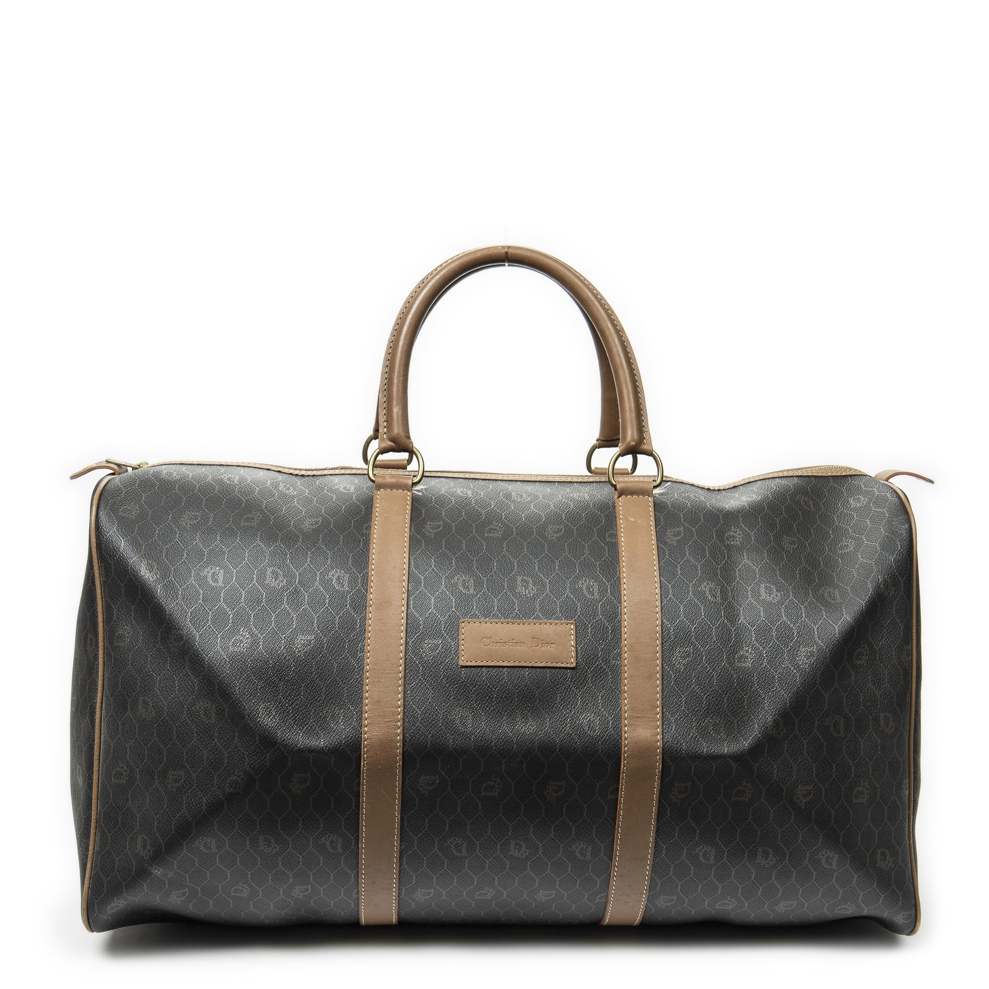 [中古] DIOR ディオールヴィンテージ ラージ トラベル ボストングレー/ブラウンハニカムPVCキャンバスAB