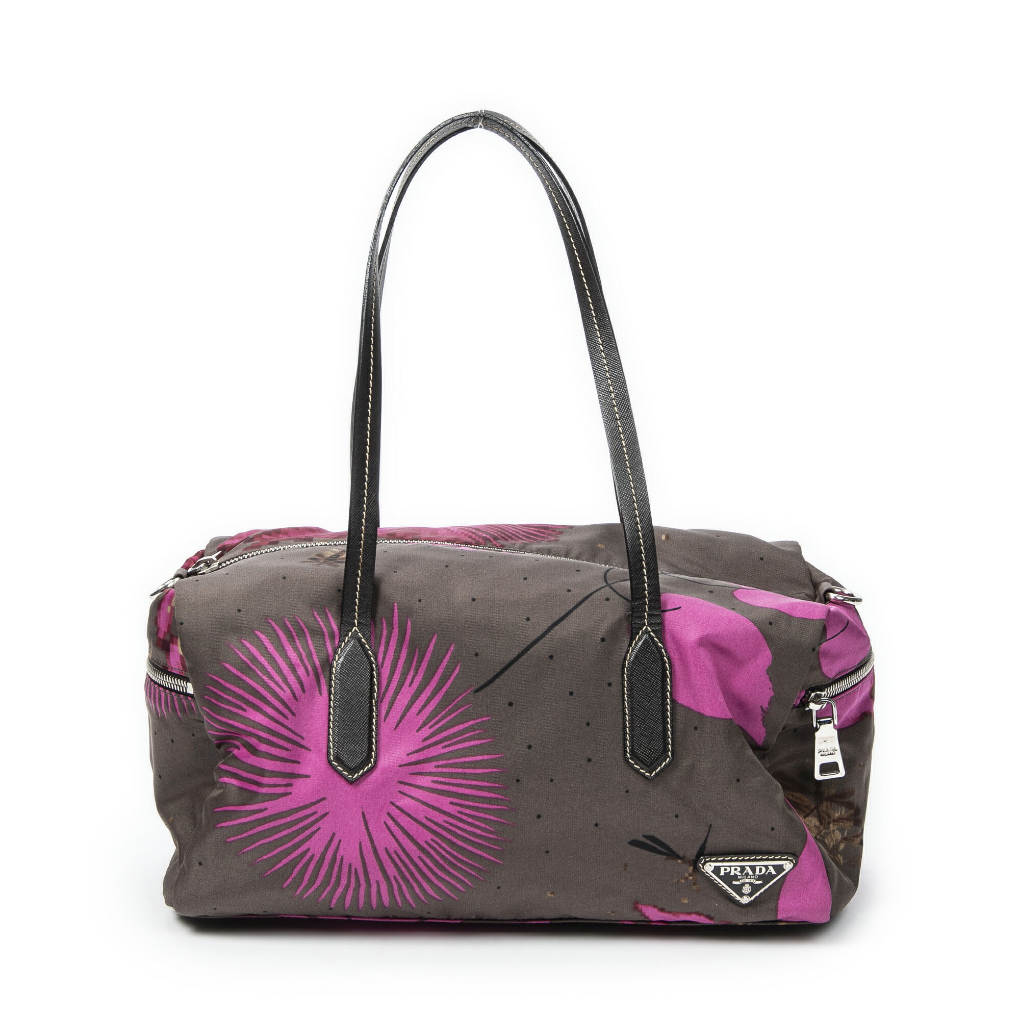 [中古] PRADA プラダジップボストングレー、ピンクナイロンスタンパートキャンバスA